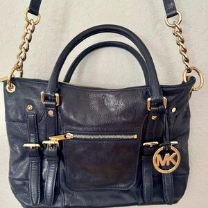 MICHAEL KORS McGraw Large Slim Satchel Dark Navy Gold Purse Bag